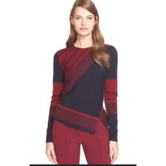 TORY BURCH Agate Lyon Stripe Asymmetric Pullover LS Sweater Medium Wool Blend - Picture 1 of 10